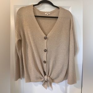 Women’s front tie cardigan sweater. Taupe color